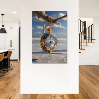 Melting clock motif rising from the branch in a dreamlike, vintage-inspired wall art scene.