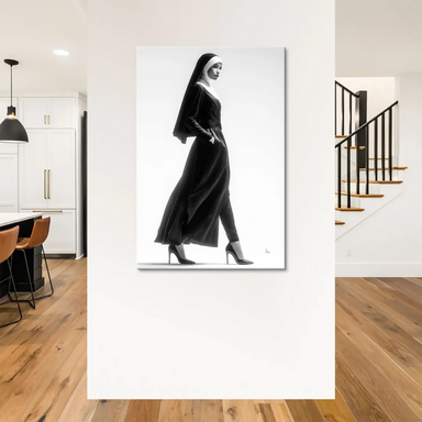 Portrait of a woman in a flowing black dress, veil and high heels