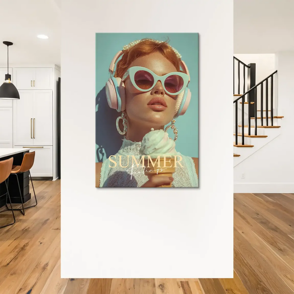 Pop art-inspired fashion portrait wall art featuring a stylish woman in a bright, summery palette.