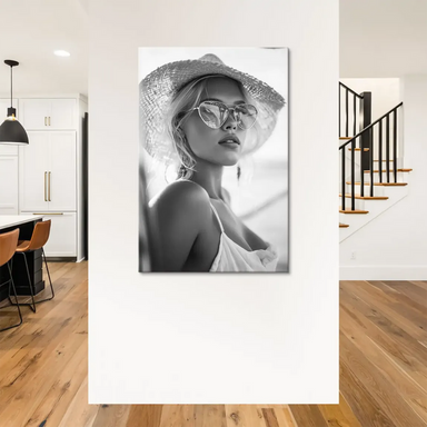 High-contrast lighting highlighting facial features and hat texture