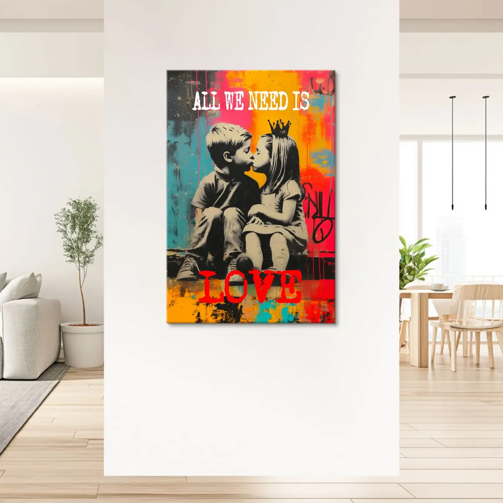 Monochrome stencil style with bold color splashes of yellow, pink, orange, red and turquoise