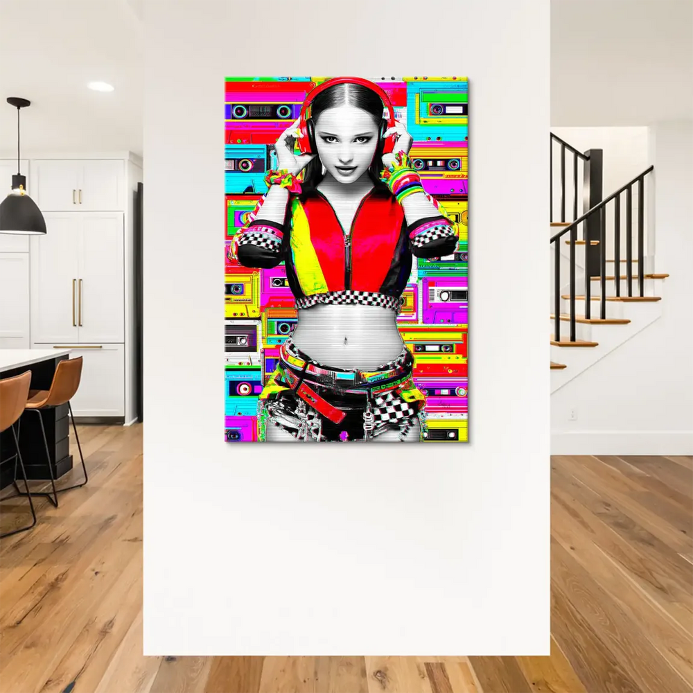 Vibrant magenta cyan and yellow glitch backdrop with cassette tapes behind a central portrait.