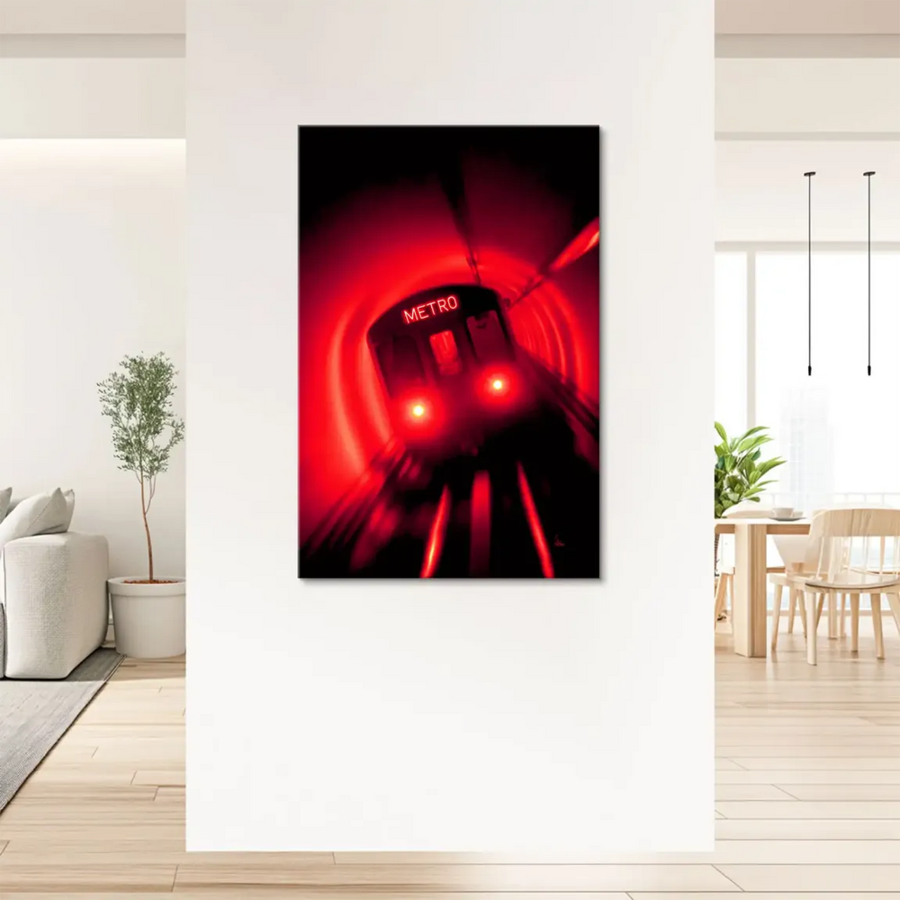 Close view of train headlights and motion blur in urban transit artwork