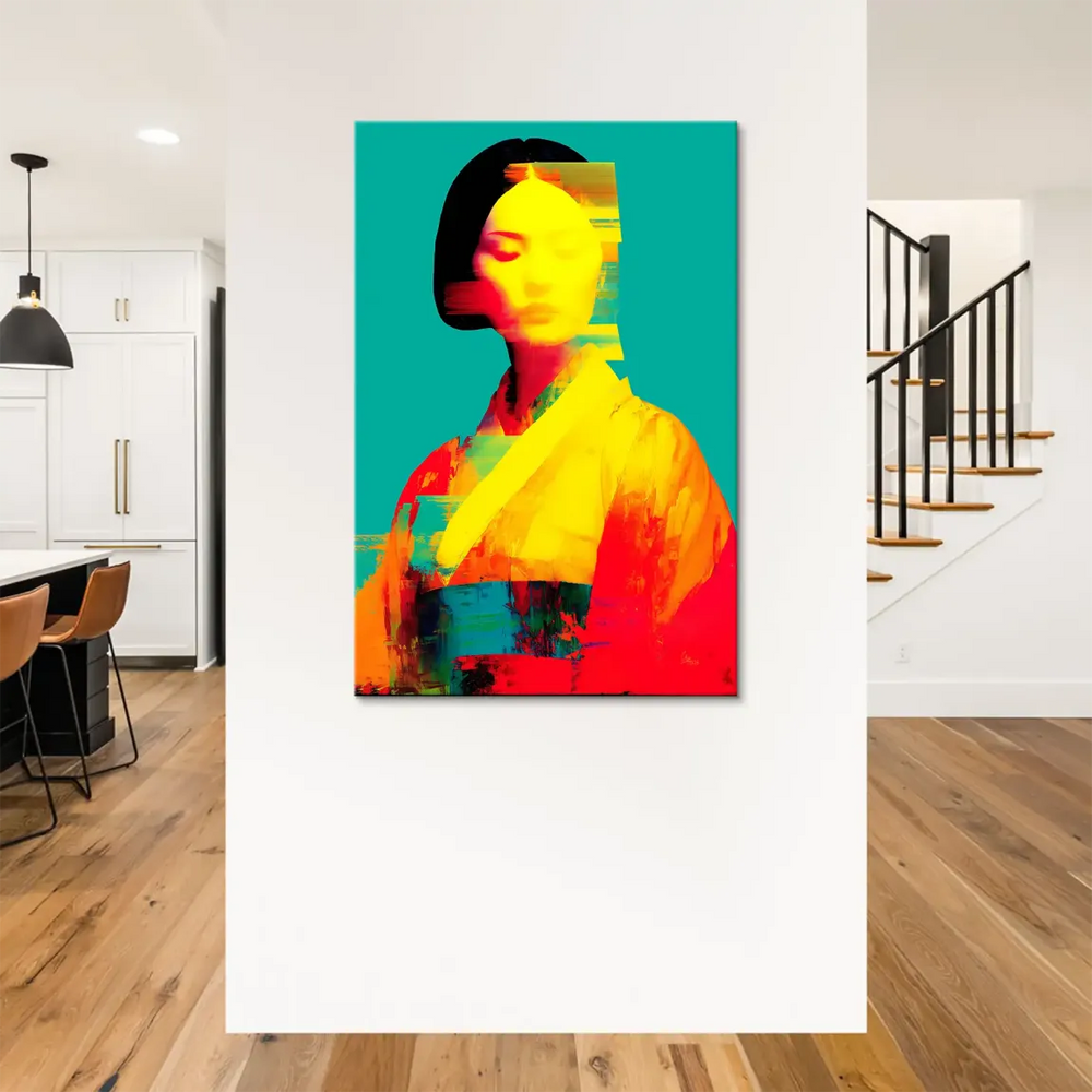 Colorful contemporary Geisha portrait painting on canvas with glitch effects and a teal background.