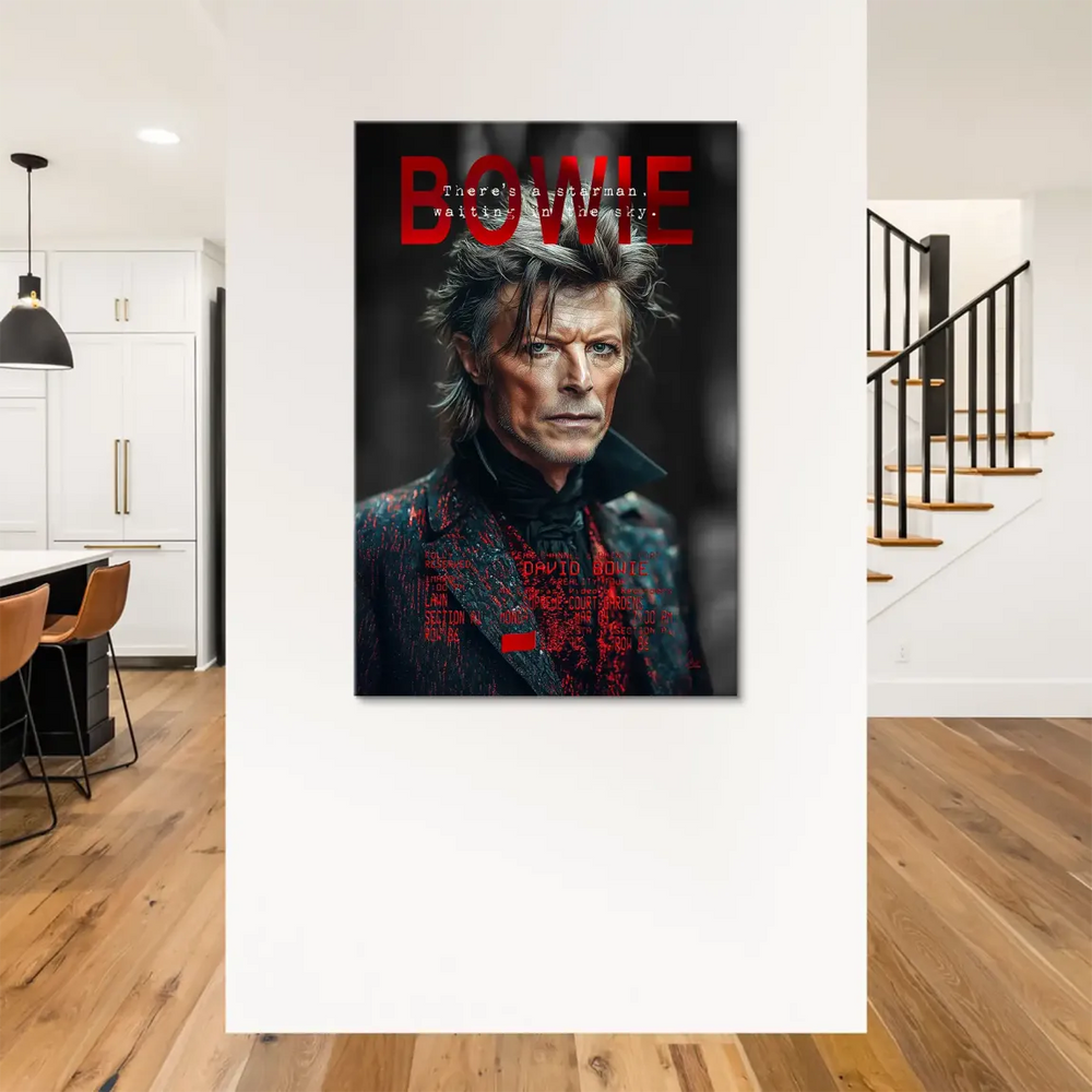 Moody contemporary Bowie portrait with red splatters and bold typography for a rock-inspired decor.