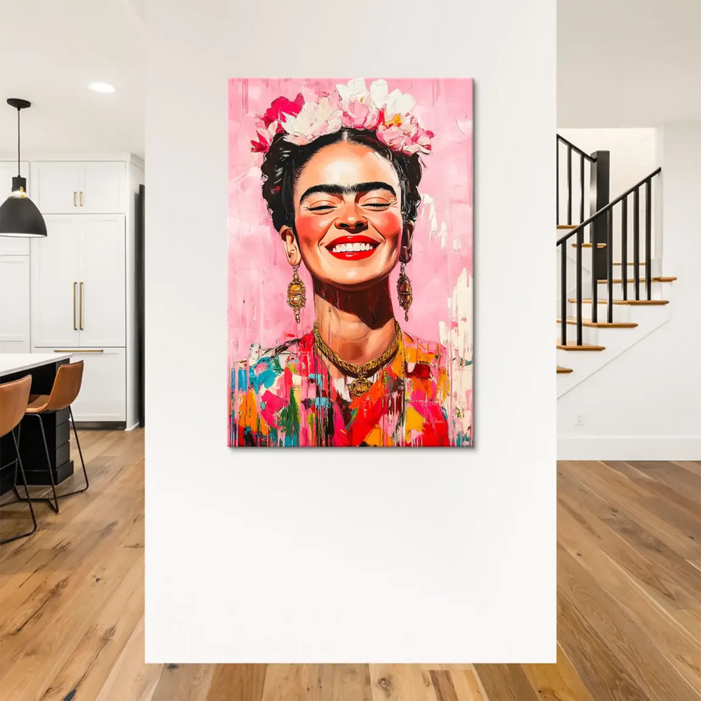 Vibrant pink background and abstract patterns behind Frida Kahlo in a modern wall art print