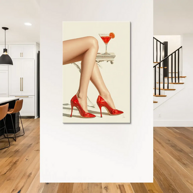 Glamorous fashion illustration style with red heels, warm skin tones, and a light neutral backdrop.