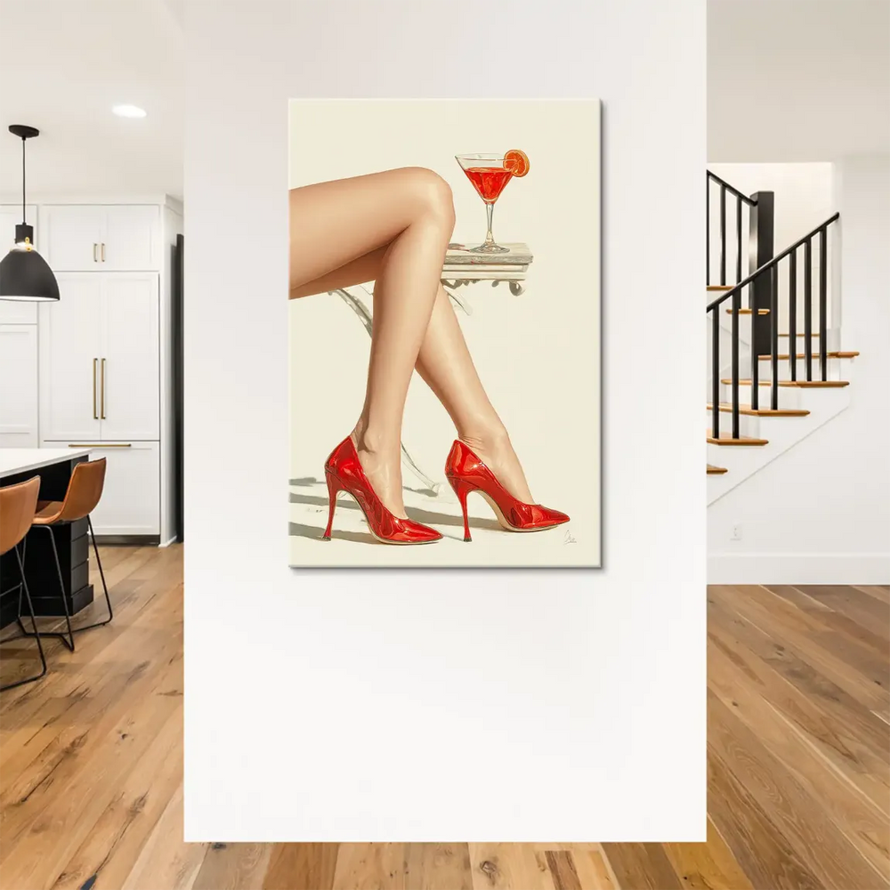 Glamorous fashion illustration style with red heels, warm skin tones, and a light neutral backdrop.