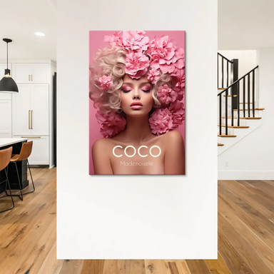 Close-up view showing pink floral elements and couture mood in the artwork.