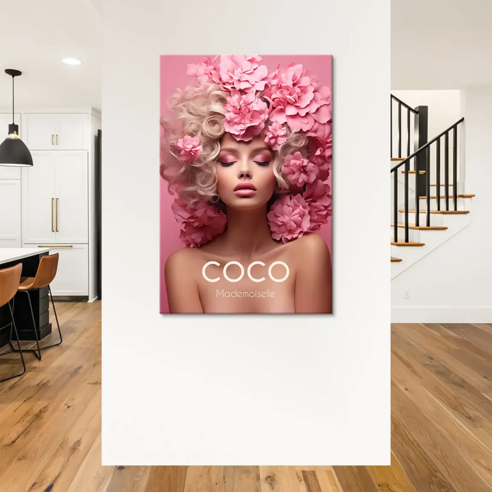 Close-up view showing pink floral elements and couture mood in the artwork.