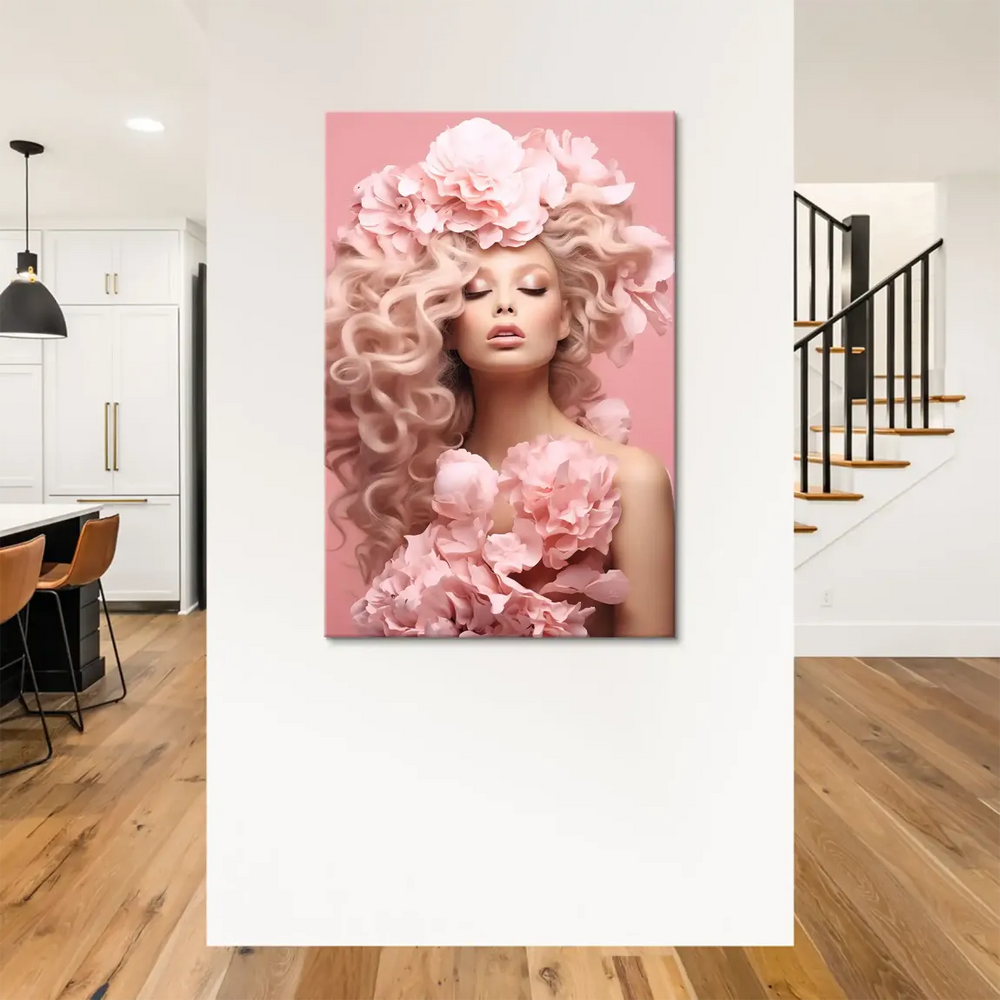 Elegant floral portrait canvas art featuring a serene, eyes-closed woman surrounded by pink blossoms