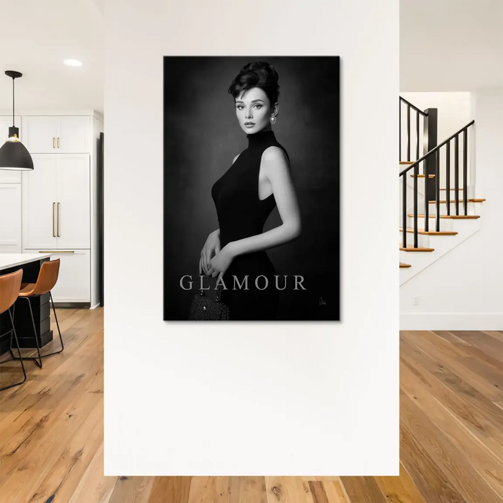 Elegant vintage-style glamour photography canvas art ideal for living rooms.