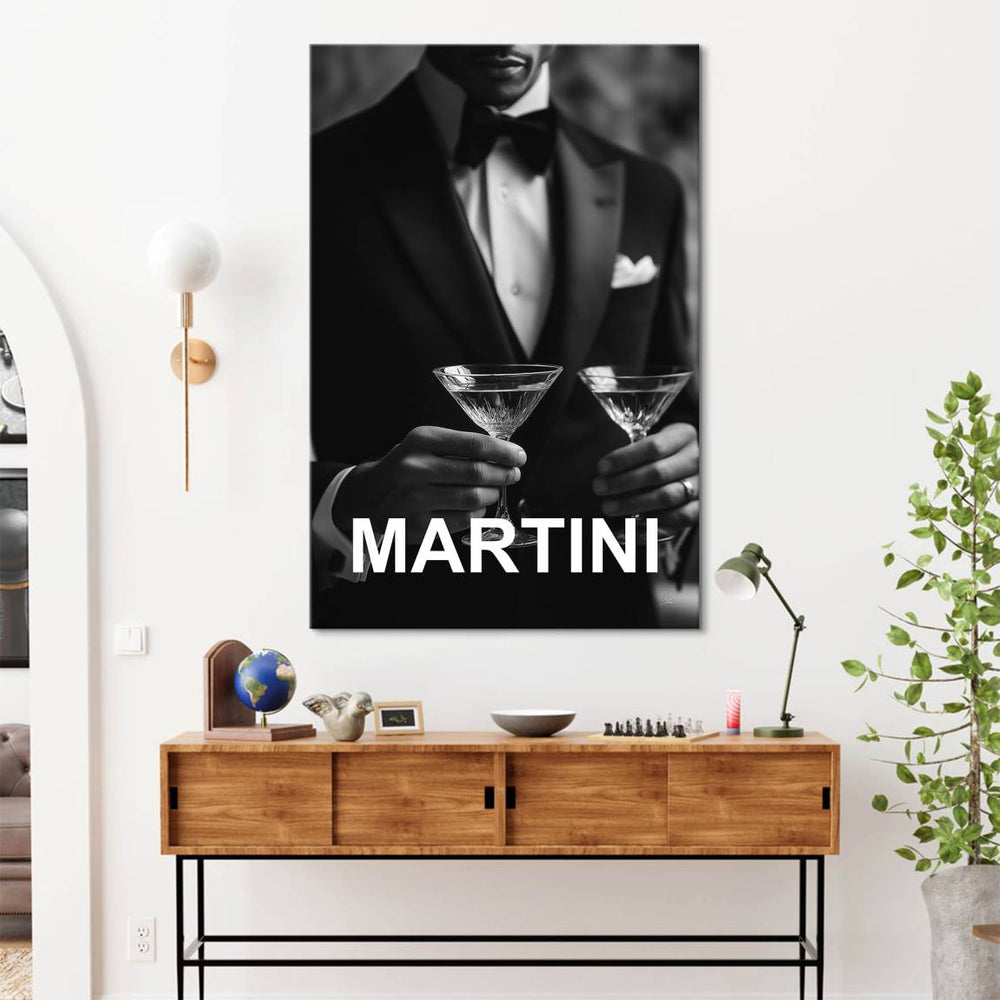 Monochrome wall art with James Bond–style glamour in portrait orientation.