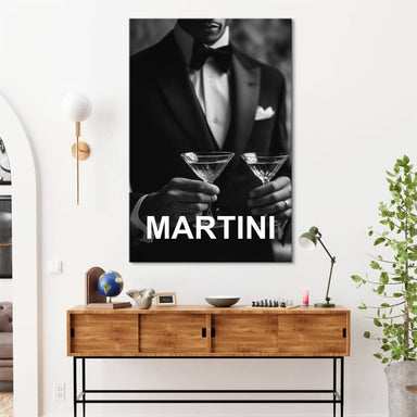 Monochrome wall art with James Bond–style glamour in portrait orientation.