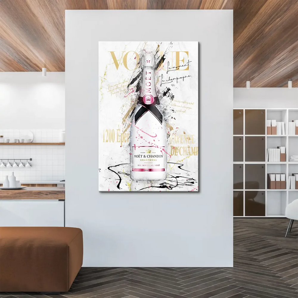 Champagne Glam wall art – bold pop art piece with champagne bottle against white textured backdrop.