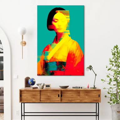 Vibrant wall art canvas showing a modern portrait of a woman with geisha influence in teal, yellow, red, and blue tones.
