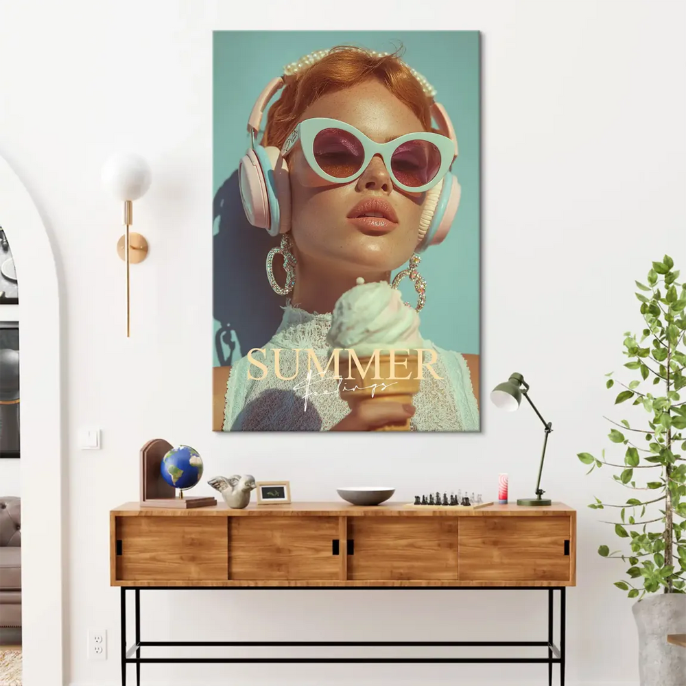 Pastel pink and blue fashion portrait canvas wall art with glamorous styling for chic decor.
