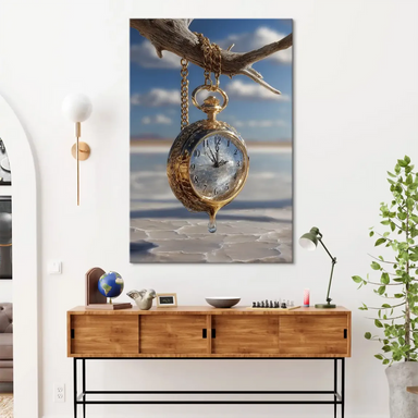 Distant view of a serene salt-flat landscape under a clear blue sky, part of the Dali Time canvas.