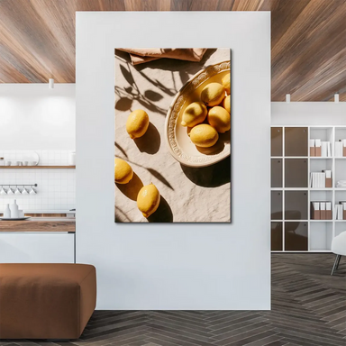 Lemons scattered on textured light beige fabric with warm natural light