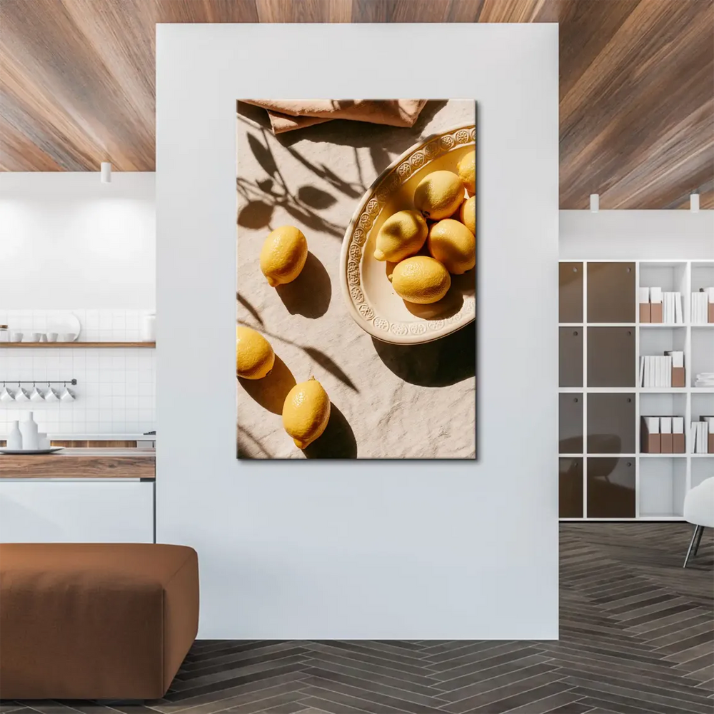 Lemons scattered on textured light beige fabric with warm natural light