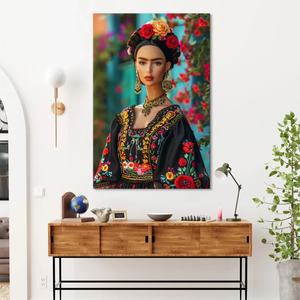 Close-up of the Frida Kahlo-inspired unibrow and colorful headdress on a vibrant canvas wall art.