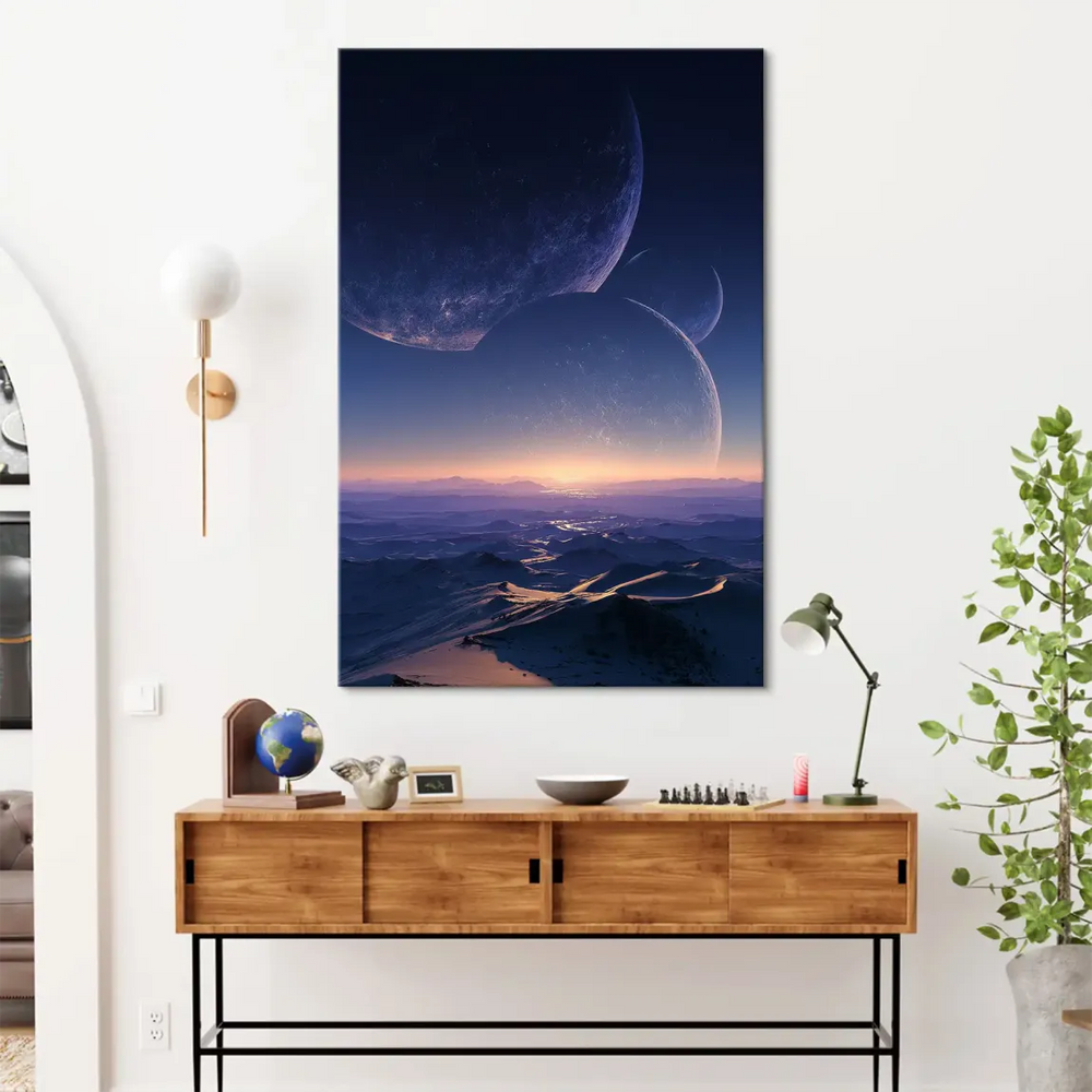 Contemporary wall art featuring blues, purples, and oranges in a tall vertical composition.