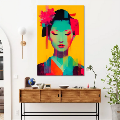 Vibrant geisha wall art with contemporary neon color palette