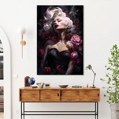 platinum blonde hair and purple lipstick portrait surrounded by deep red and pink roses