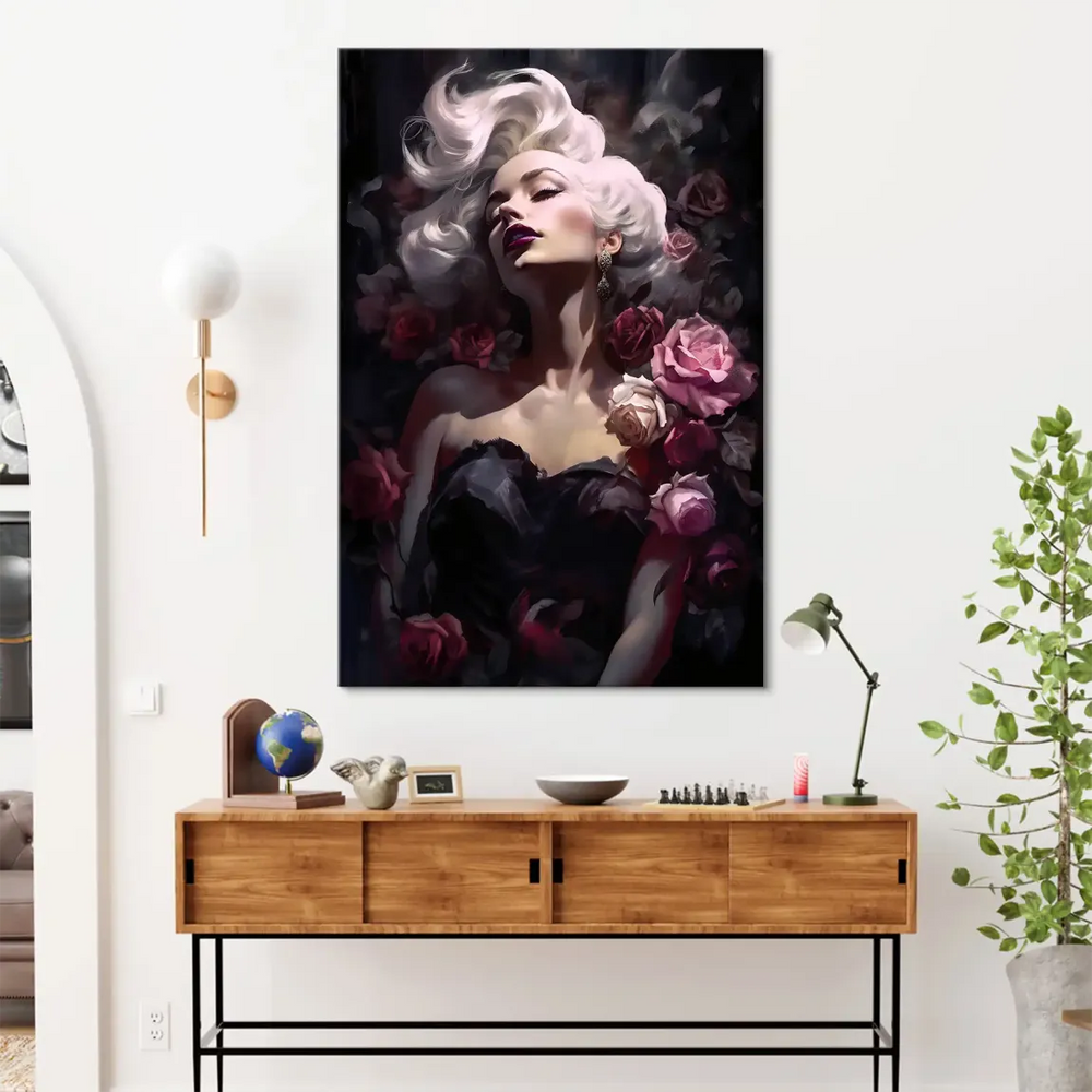 platinum blonde hair and purple lipstick portrait surrounded by deep red and pink roses