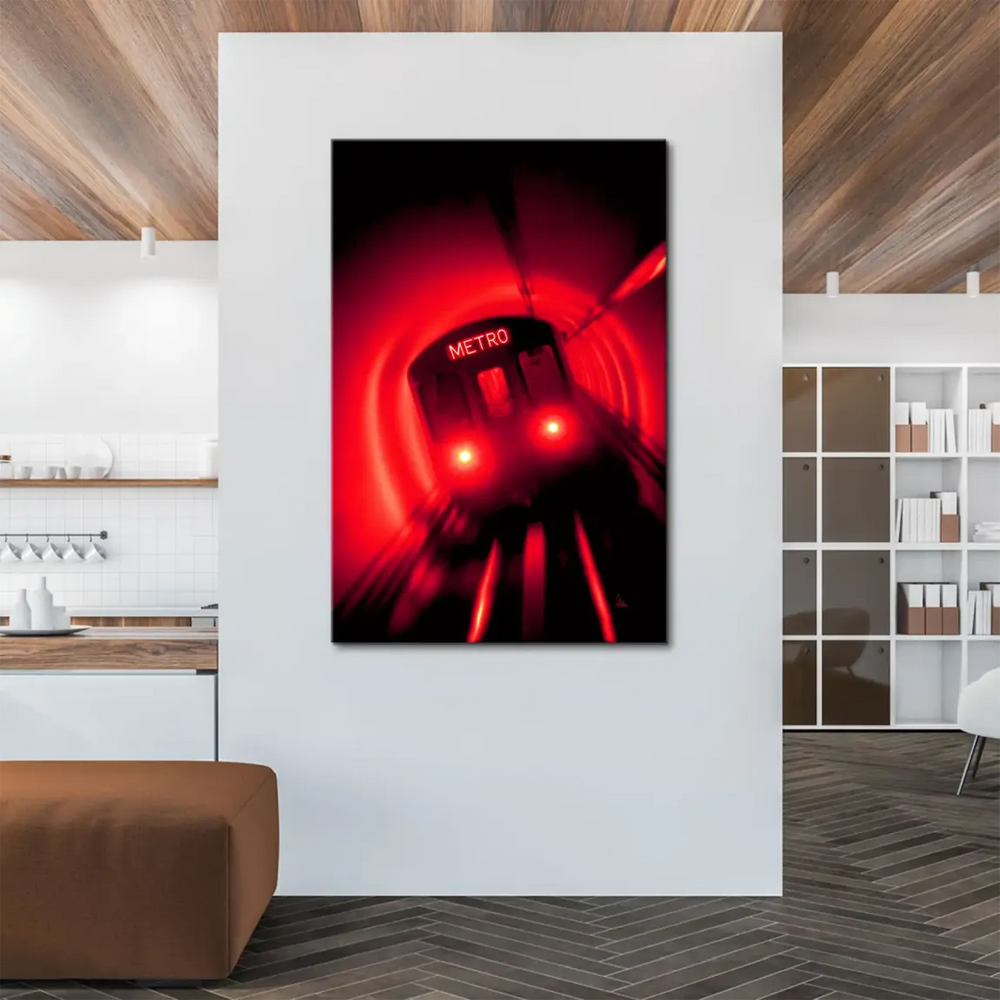 Symmetrical composition with a centered train in a neon-lit tunnel