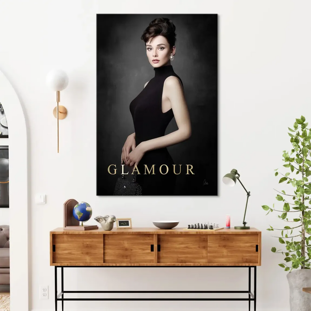 Elegant portrait of a sophisticated woman with shimmering earrings in a fashion wall art piece