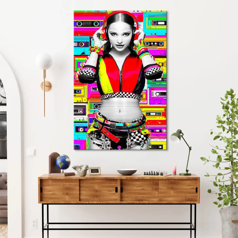 Stylized monochrome female portrait against neon retro collage as wall art for modern spaces.