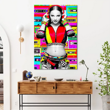 Stylized monochrome female portrait against neon retro collage as wall art for modern spaces.