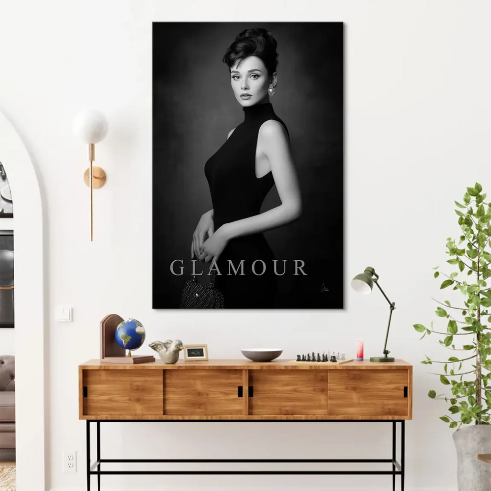 Grayscale wall art capturing classic Hollywood chic with a direct gaze.