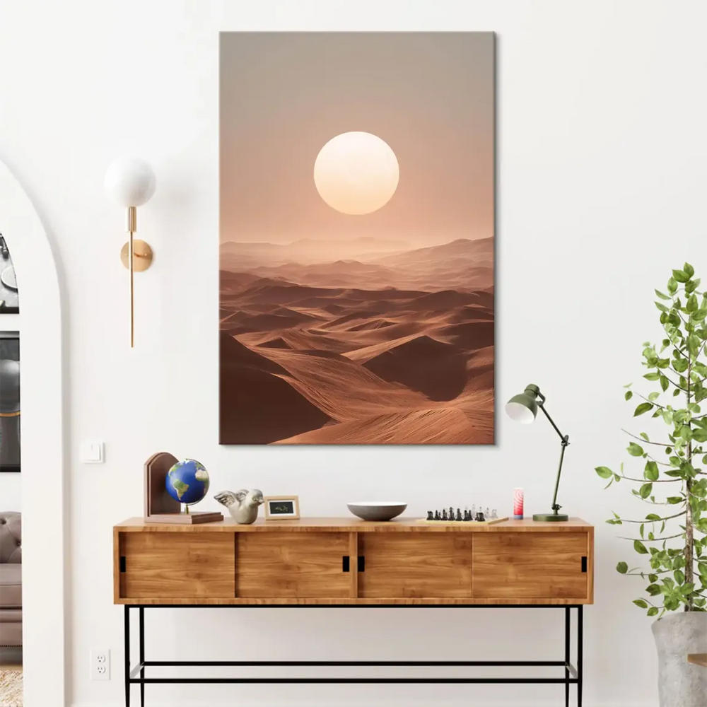 Minimalist desert scene featuring a large sun over a tranquil dune field.