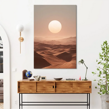 Minimalist desert scene featuring a large sun over a tranquil dune field.