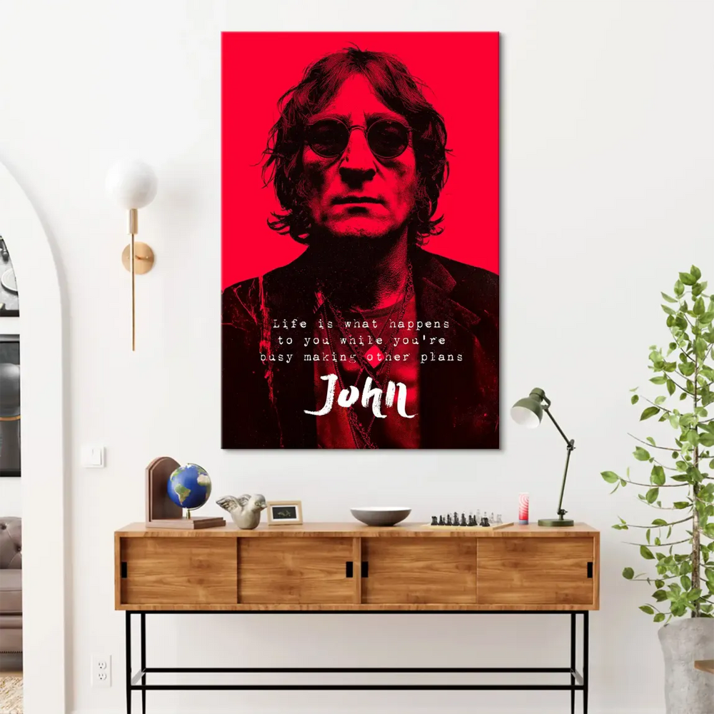 Central Lennon portrait canvas art with bold red color