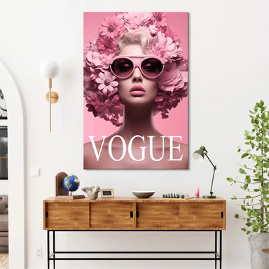 Portrait of a stylish woman wearing oversized pink sunglasses on pink floral art