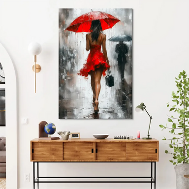 Impressionistic canvas print with bold red umbrella against grayscale urban rain
