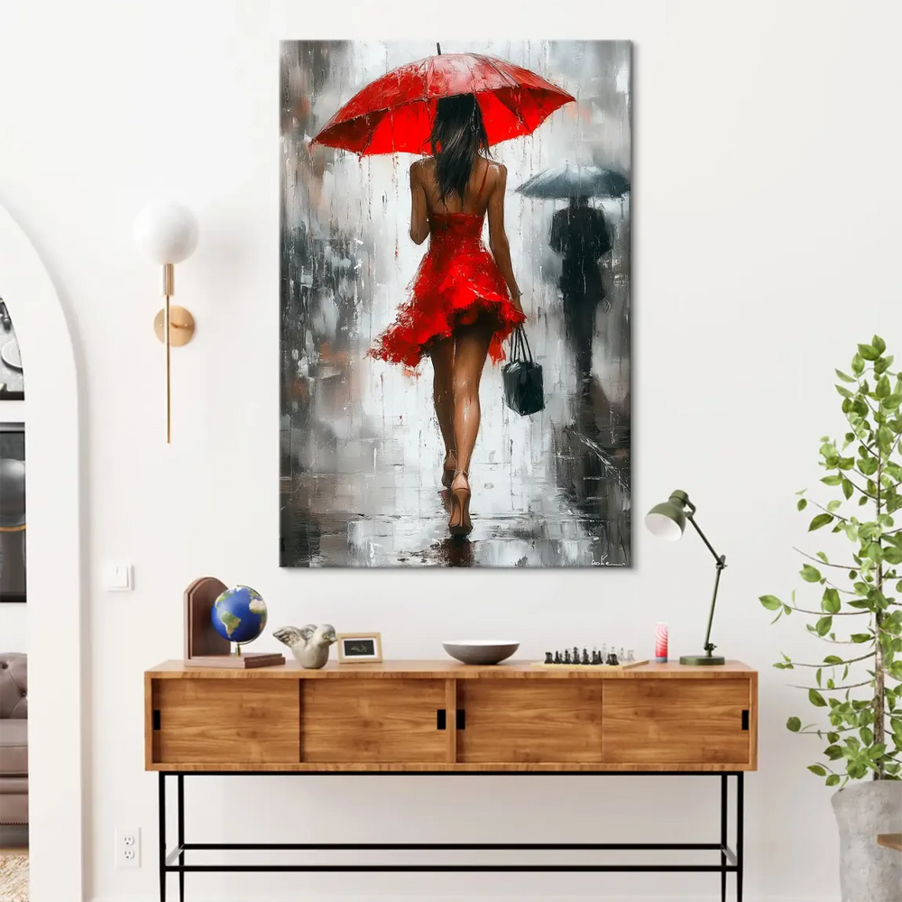Impressionistic canvas print with bold red umbrella against grayscale urban rain