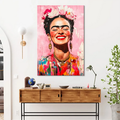 Close-up of Frida Kahlo with a radiant smile, bold colors and ornate jewelry in canvas art