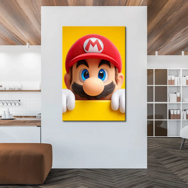 Playful wall art featuring Mario icon against a light background