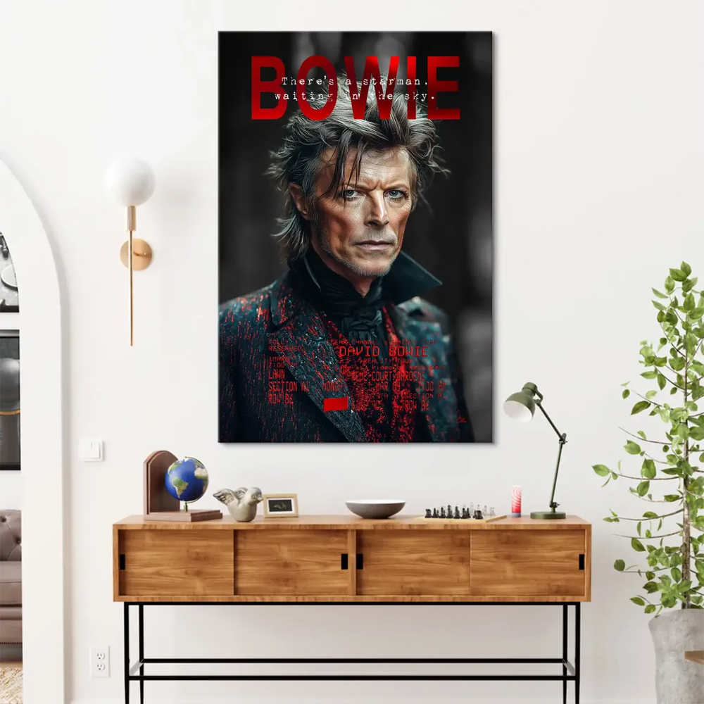 David Bowie wall art suitable for fashion or music-themed spaces with dramatic lighting.