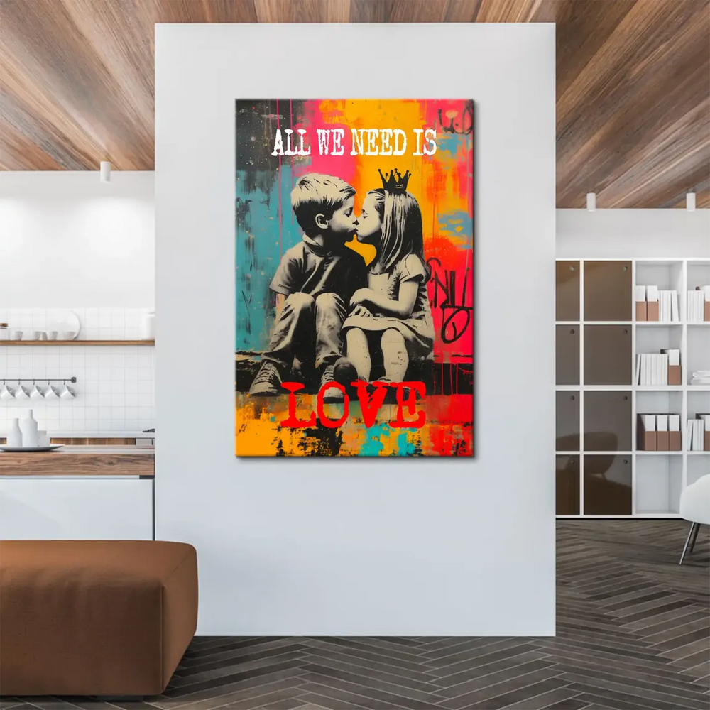 Central ALL WE NEED IS LOVE text on the canvas