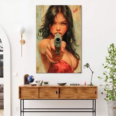 Urban themed contemporary portrait canvas print with red top and dramatic lighting