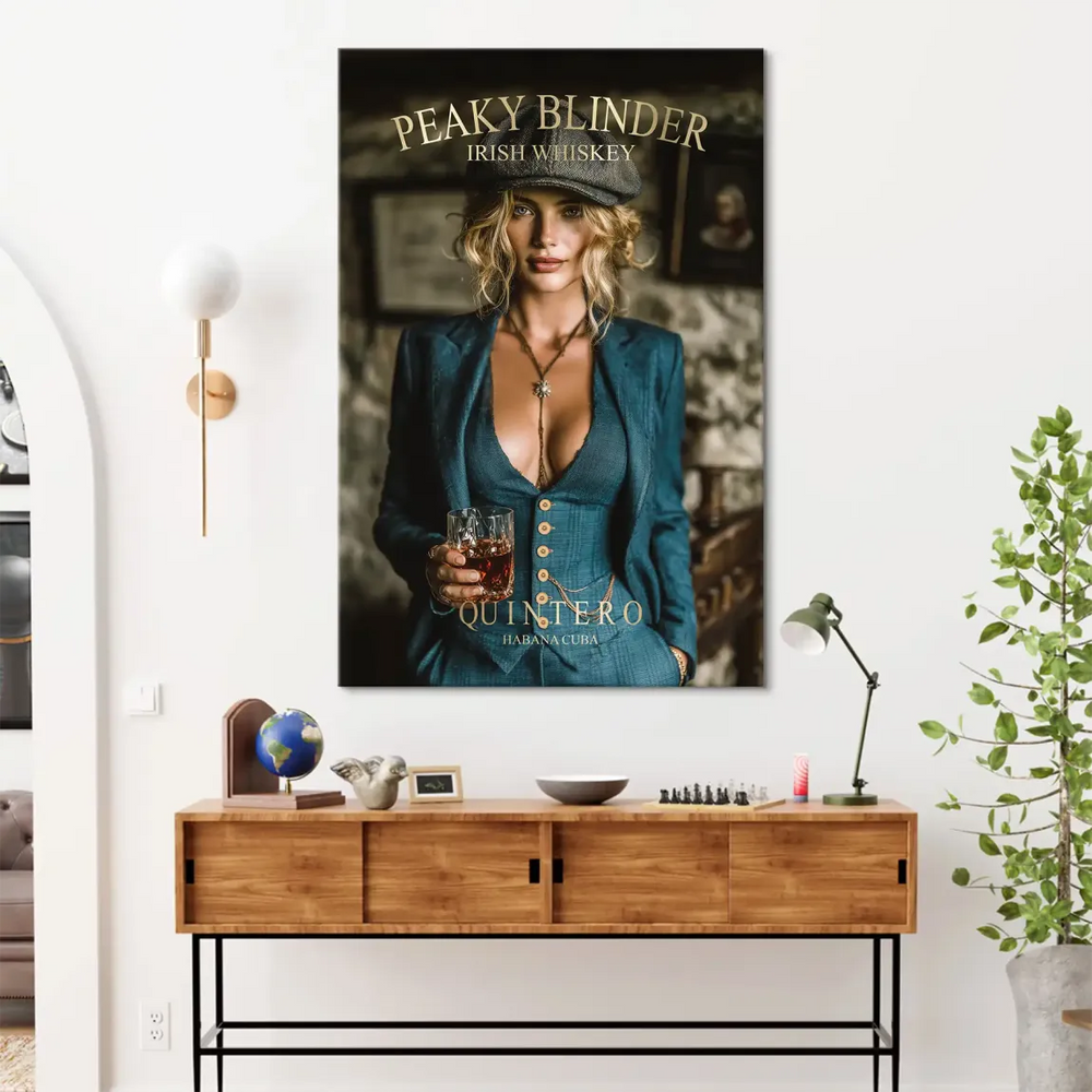 Mood-lit industrial-style wall art with a confident woman in a deep teal suit