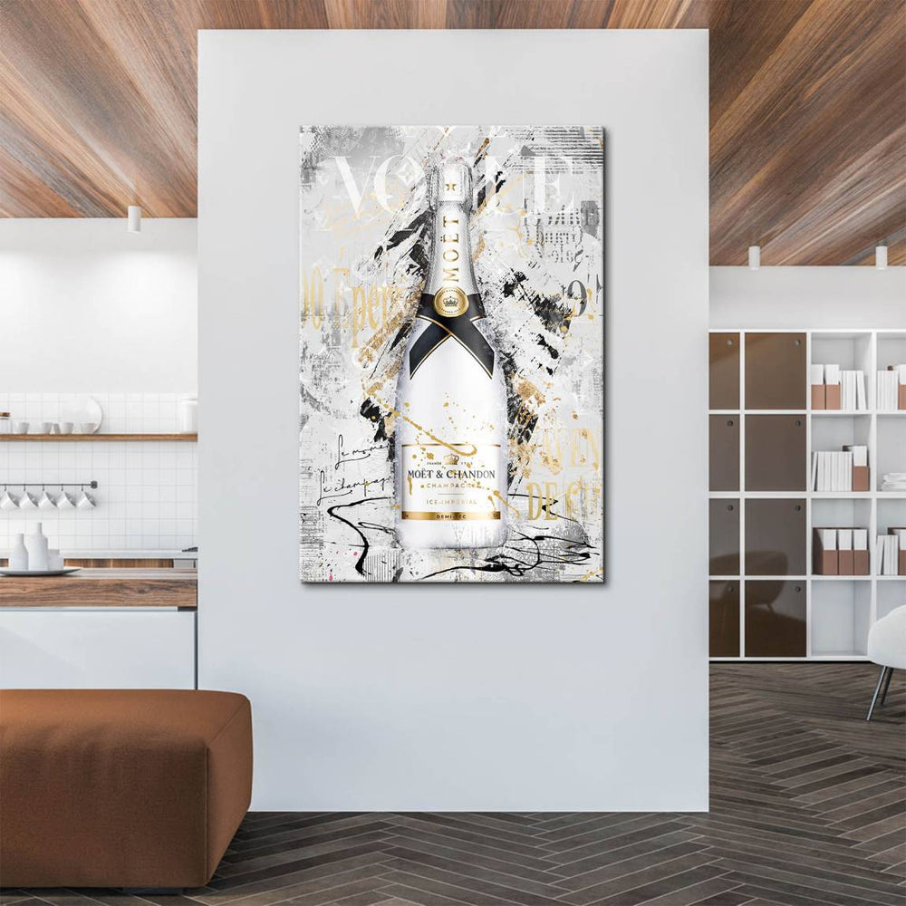 Close-up of a glossy champagne bottle surrounded by gold and black paint splatters in a bold pop art style.