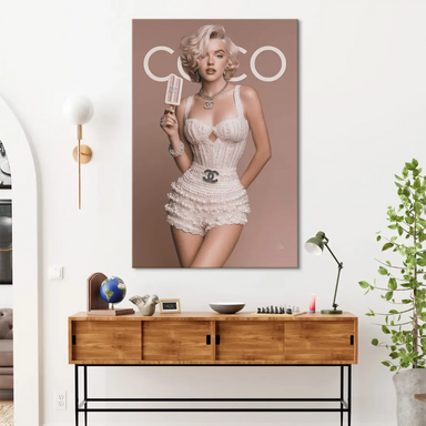 Pop art canvas featuring a full-body fashion portrait with Chanel-inspired jewelry.