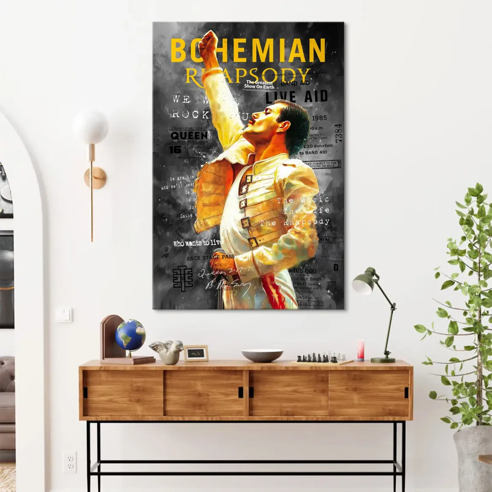 Bold pop art style Freddie Mercury wall art for music rooms or studios