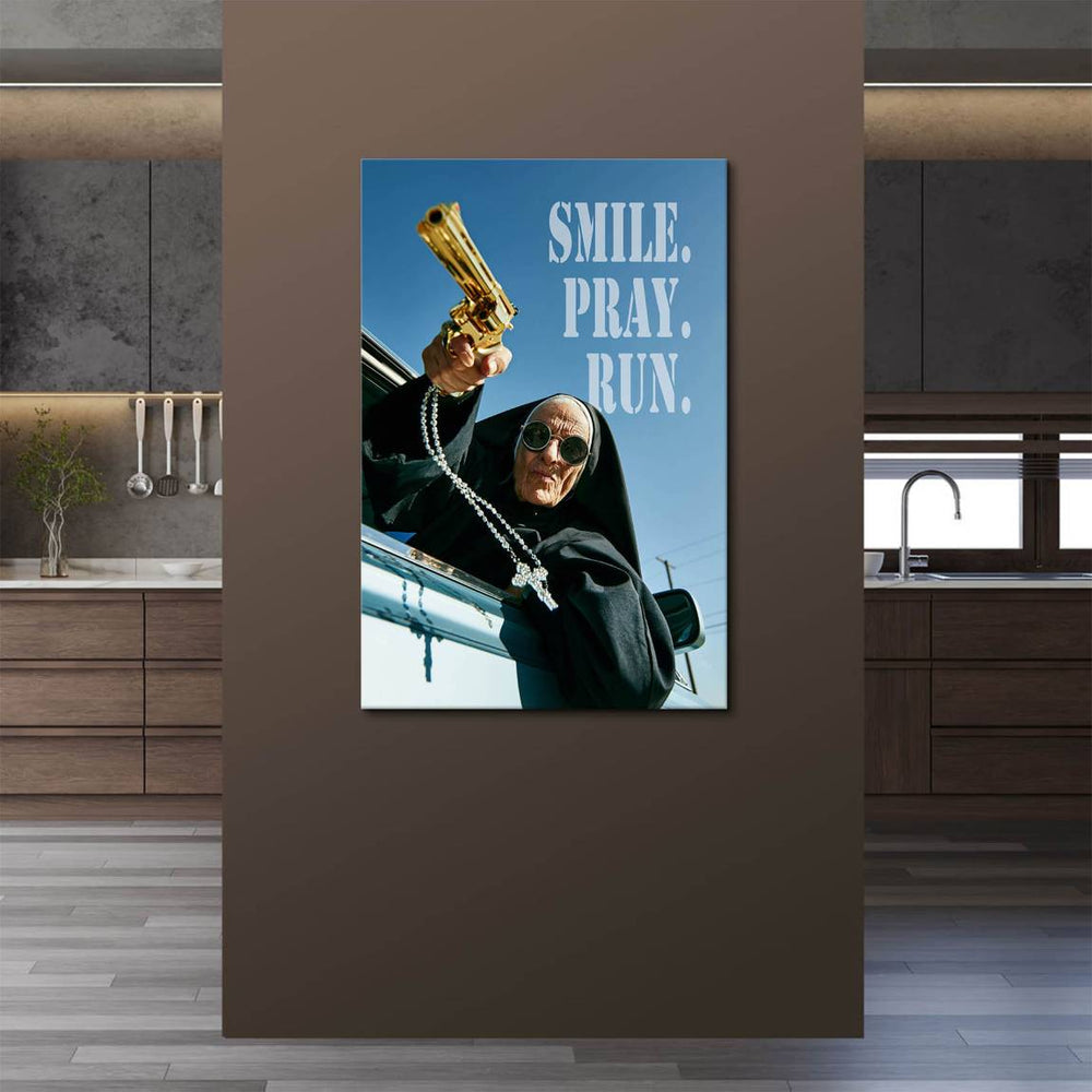 High-contrast street art style canvas wall art featuring provocative religious imagery with a humorous twist.